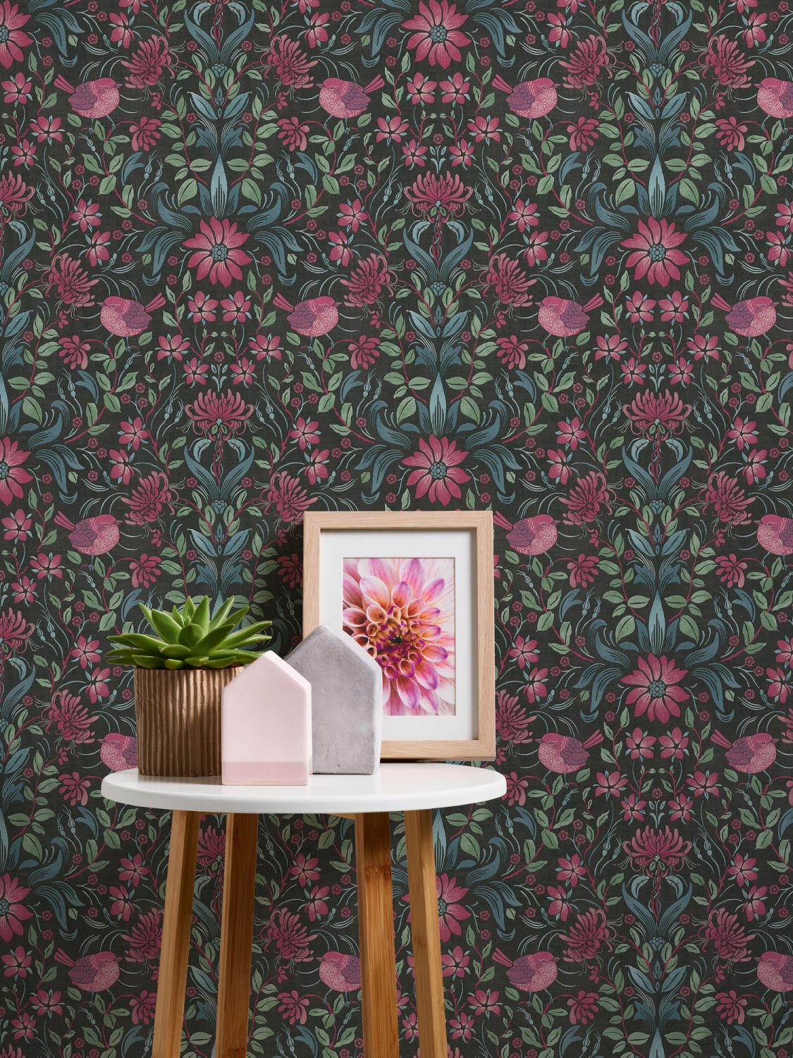 Livingwalls behang bloemmotief zwart, roze, blauw en groen - 53 cm x 10.05 m - AS-390751