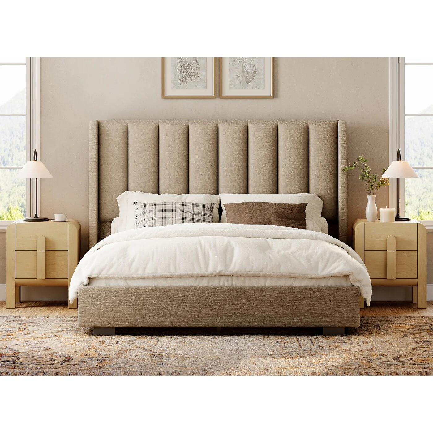 WAMPAT Modern Wood Nightstand With 2 Drawers ,Curved Mid-Century End Table With Built-In Charging Station For Bedroom