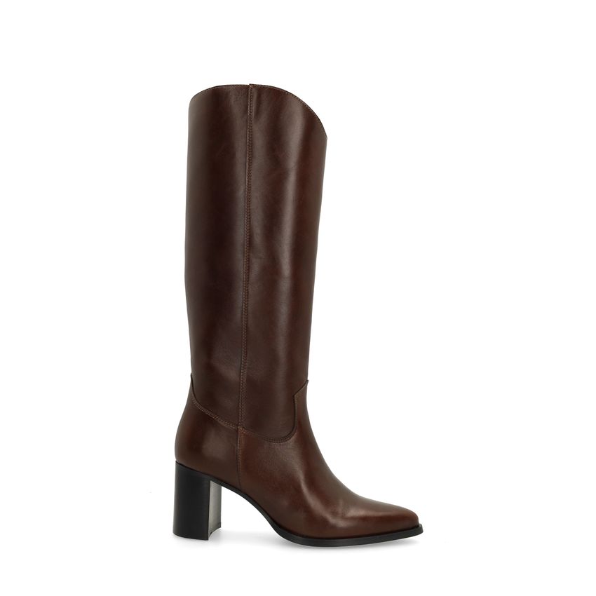 Manfield Donkerbruine hoge leren laarzen met hak