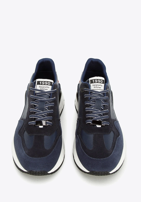 Męskie sneakersy skórzane z motywem w jodełkę niebiesko-czerwone
