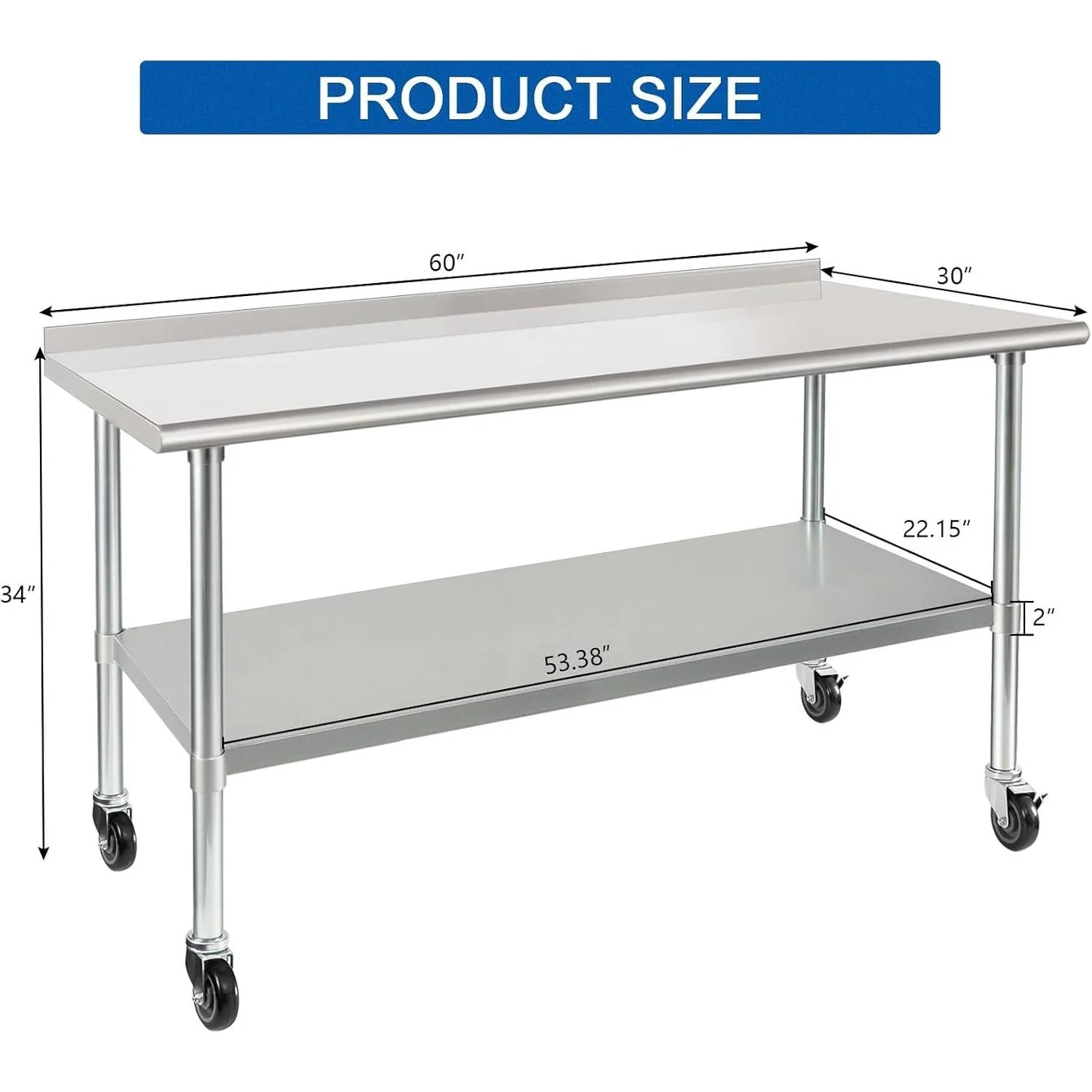 Stainless Steel Table 30 x 60 Inches Metal Prep Table with Wheels Casters Adjustable Undershelf Stainless Table - Silver