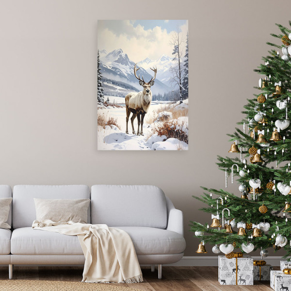 Obraz do salonu jadalni biura, Renifer zima śnieg pejzaż górski 20x30