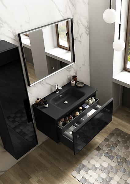 Meuble vasque suspendu noir mat et verre fumé l.90 cm   plan vasque noir mat résine, Pura