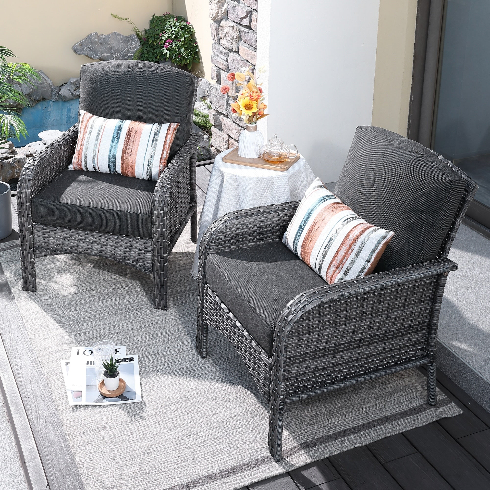HOOOWOOO 2-piece Wicker Rattan Outdoor Patio Furniture Chair Set