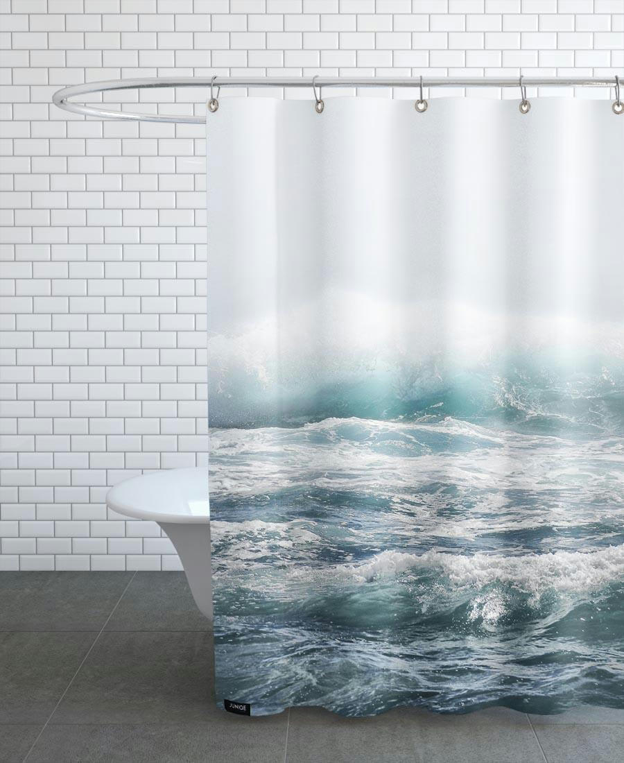 BIG SPLASH HAWAII - Rideau de douche en polyester en blanc & bleu 150x200