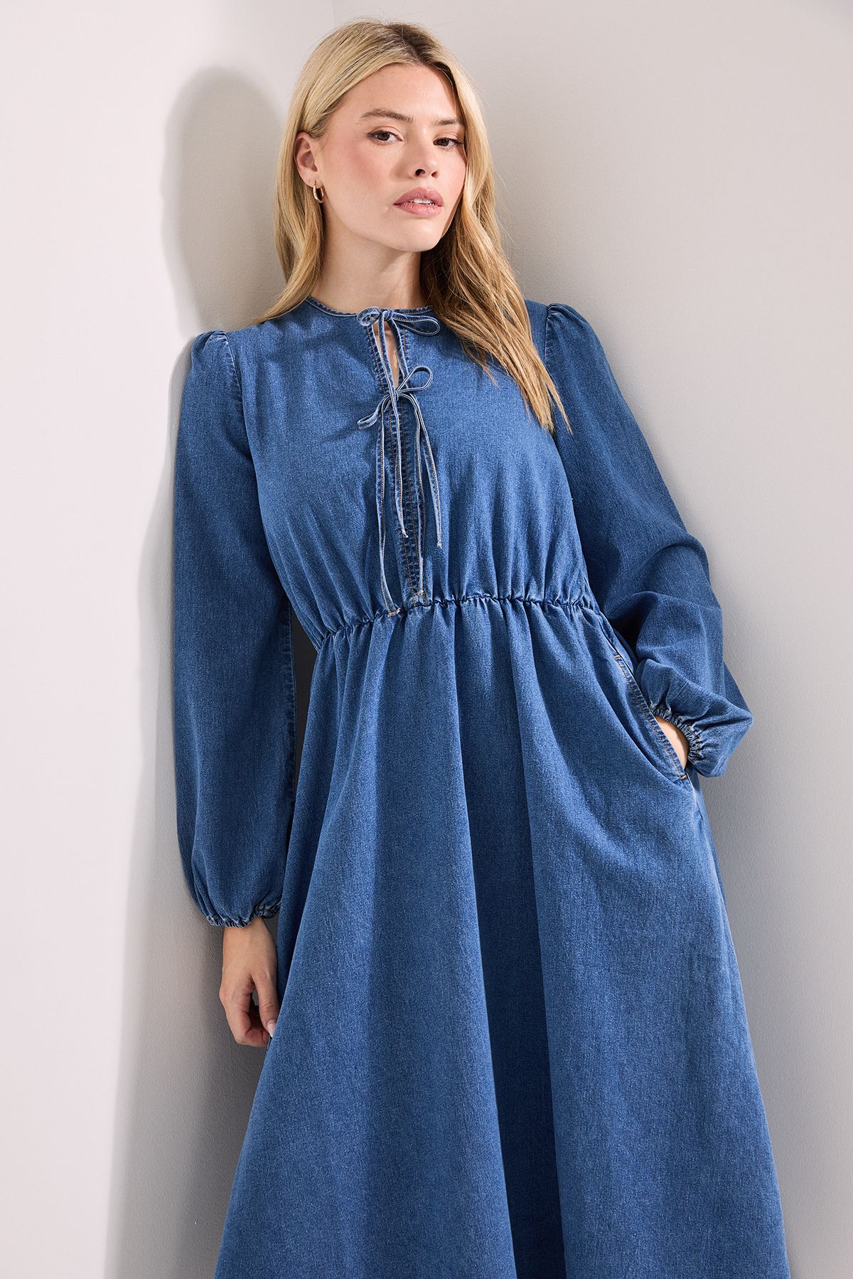 Dorothy Perkins Bow Front Blouson Sleeve Denim Midi Dress