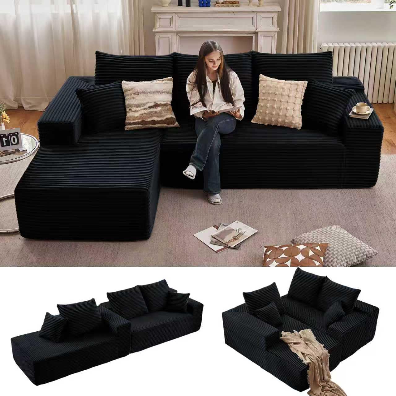 96 Modular Sectional Sofa, Modern Corduroy Cloud Couch with Deep Seat, Boneless Couch Upholstered 3-Seater L-Shaped Sofa for Living Room, No Assembly Required(Black, Left-Facing Chaise)