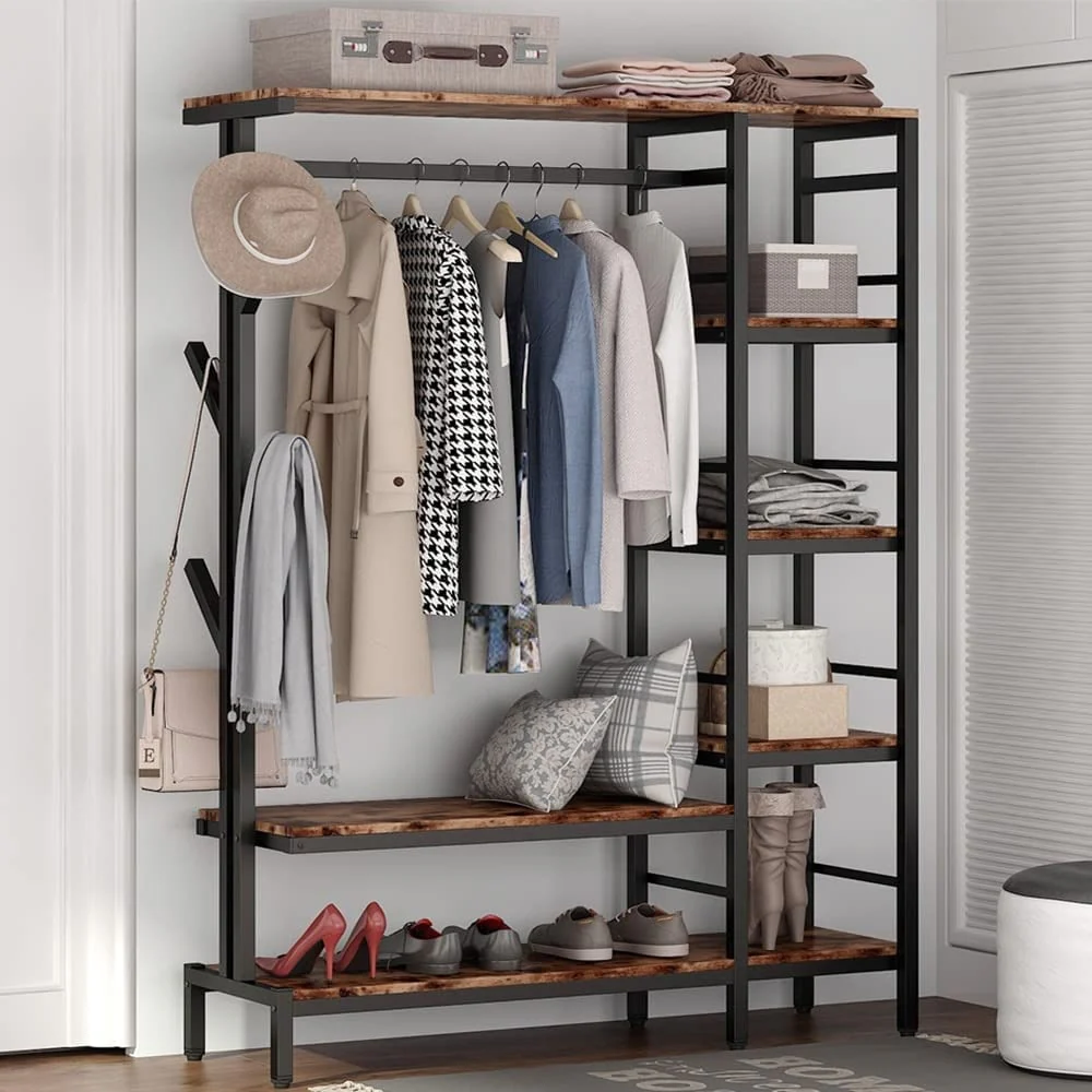 Free-standing Closet with Hooks, metal Clothes Garment Rack with Shelves and Hanging Rod