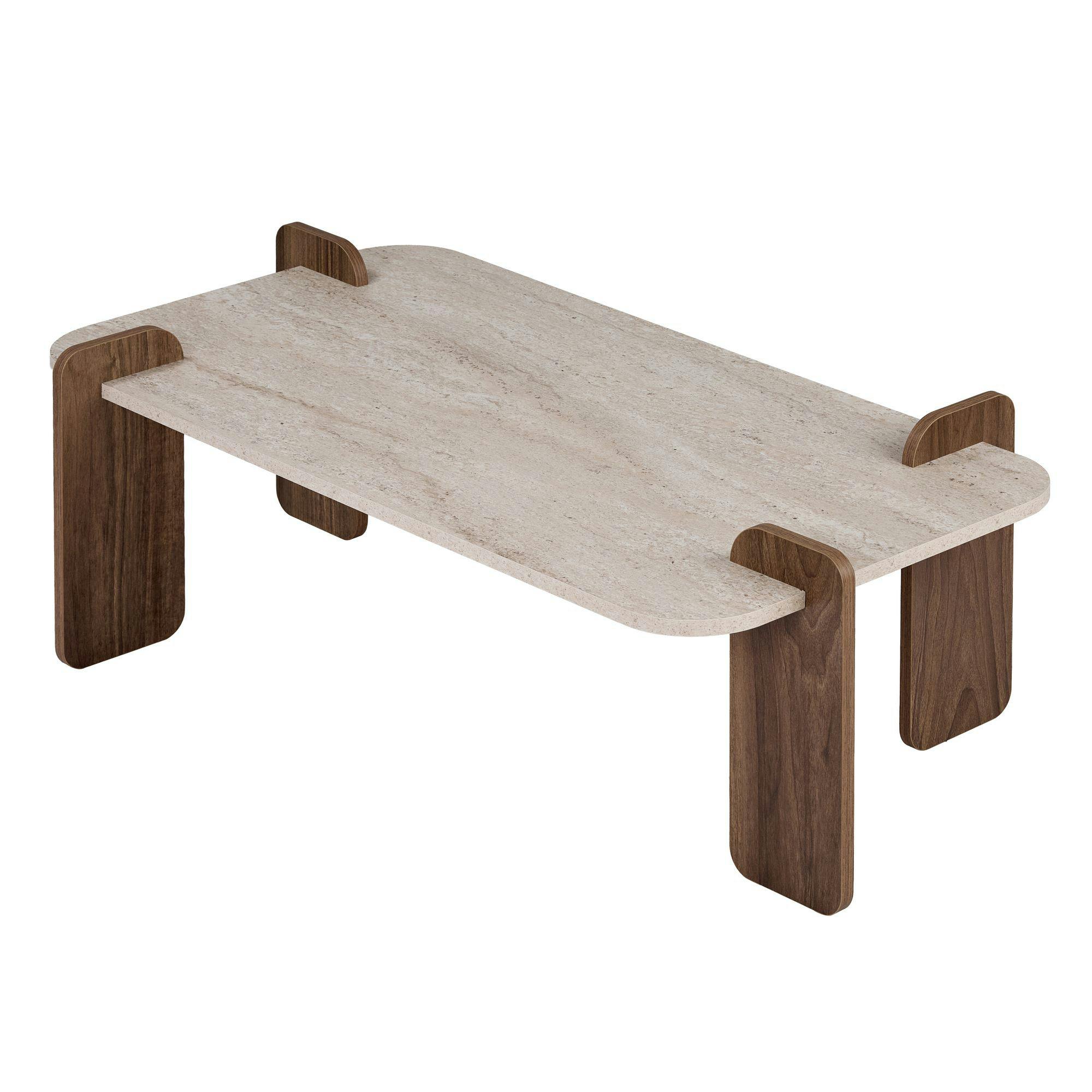 Table basse design bords ronds décor travertin et noyer MARFA