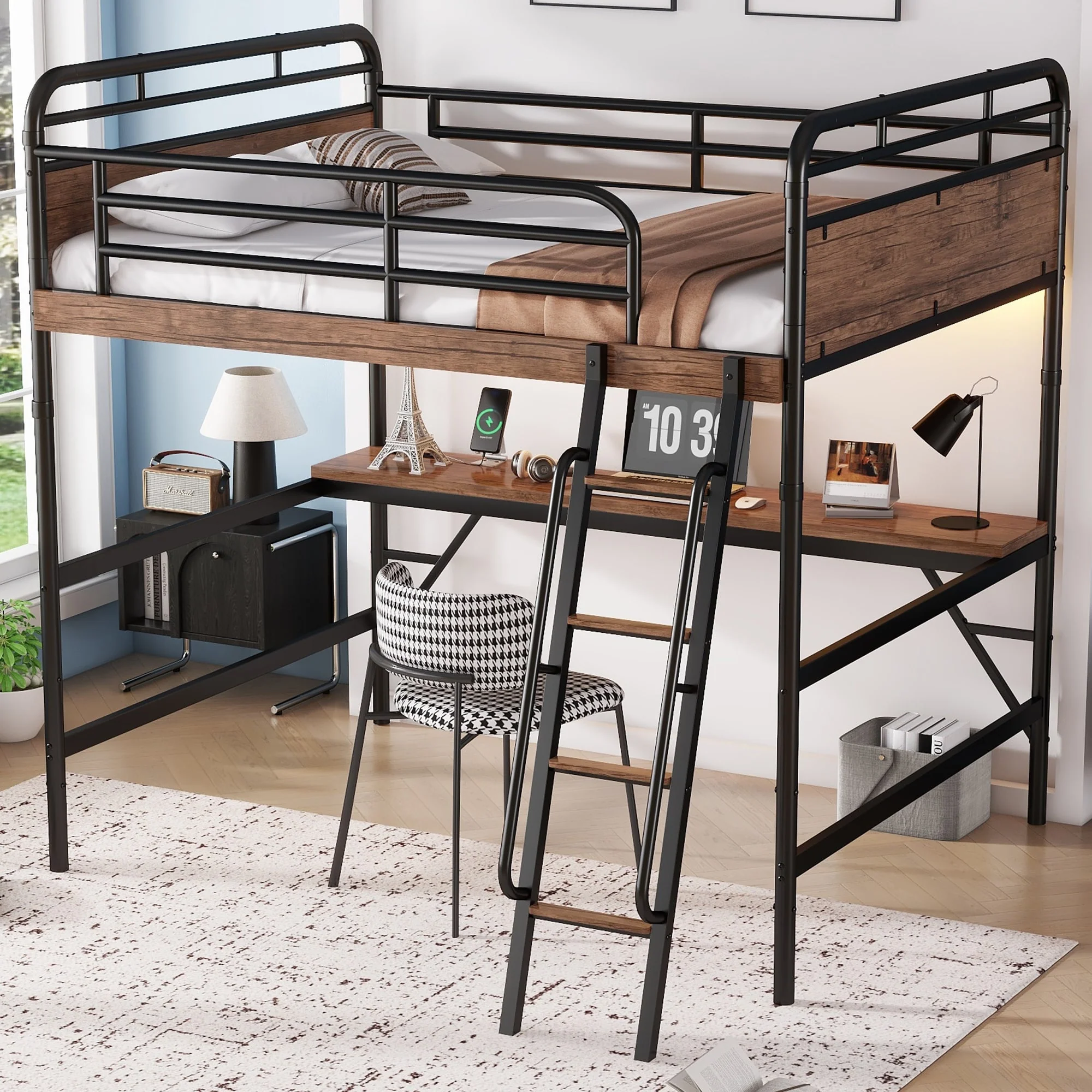 Full Size Metal Loft Bed with Desk, Metal Loft Bed with LED Light and Charge Station