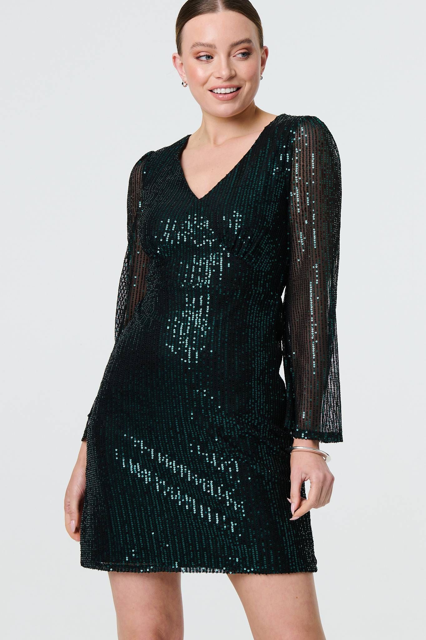 Izabel London Sequin Semi Sheer Long Sleeve Mini Dress