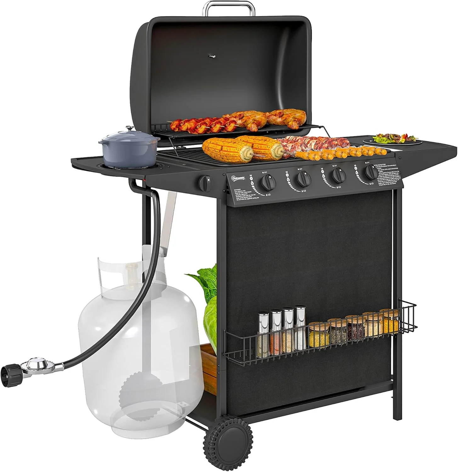 4+1 Burner Propane Gas BBQ Grill, Portable Gas Barbecue Grill with Side Burner, Thermometer, Lid, Side Table, Shelf, Spice Rack, Wheels, Grease Cup for Garden, Black
