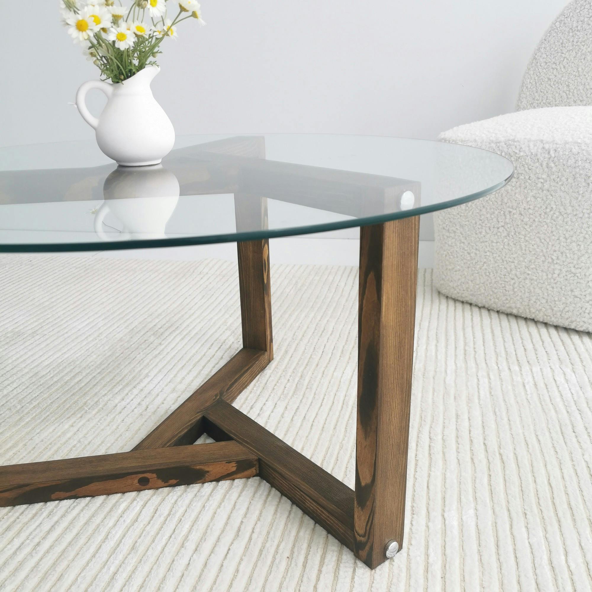 Table basse en verre - pied 3 branches, bois brun ANZIO