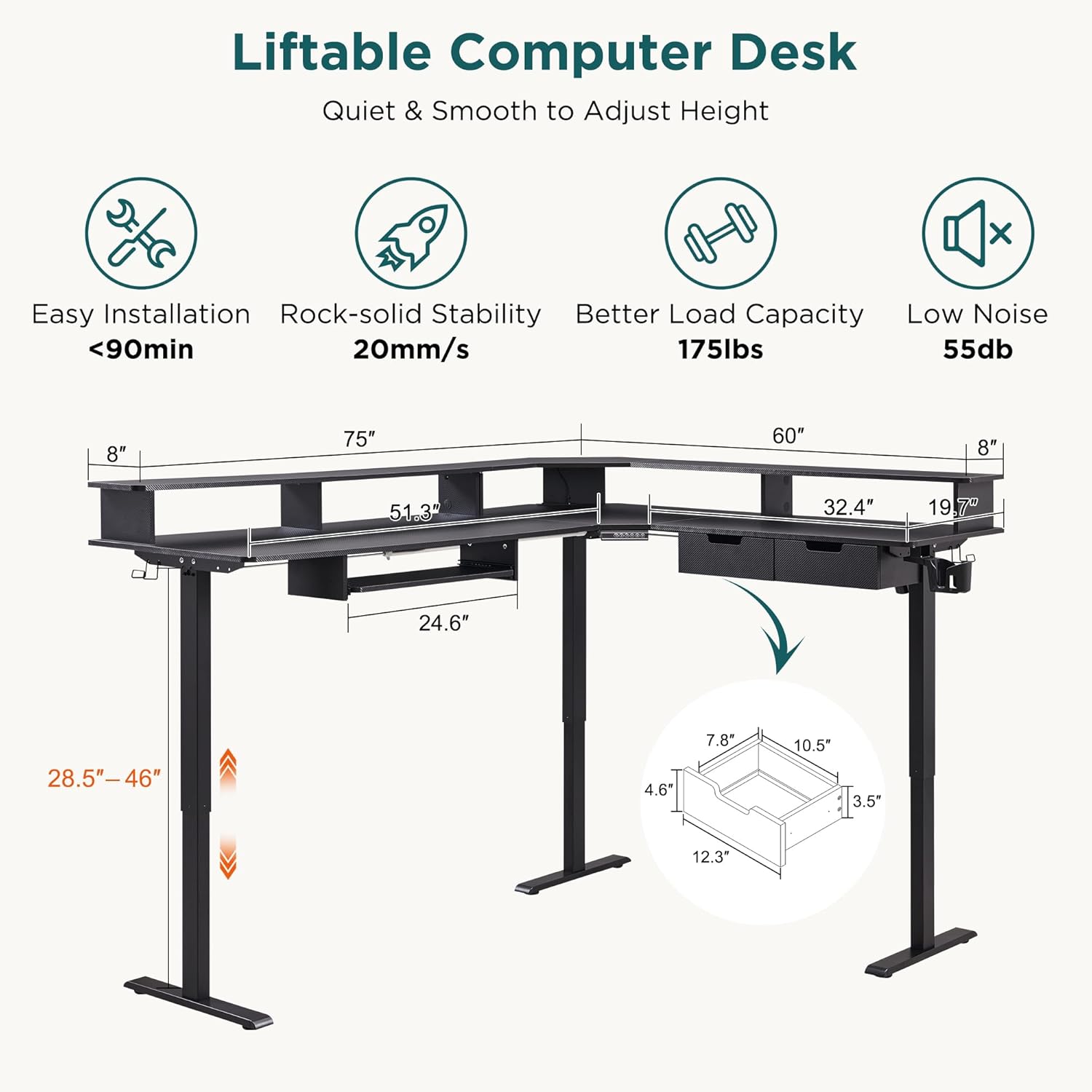 RedLemon 75X60 Inches L Shaped Electric Standing Desk, Height Adjustable Corner Gaming Desk with Drawers, Power Outlets & LED Lights, Computer Desk with Monitor Shelf, Carbon Fiber Black