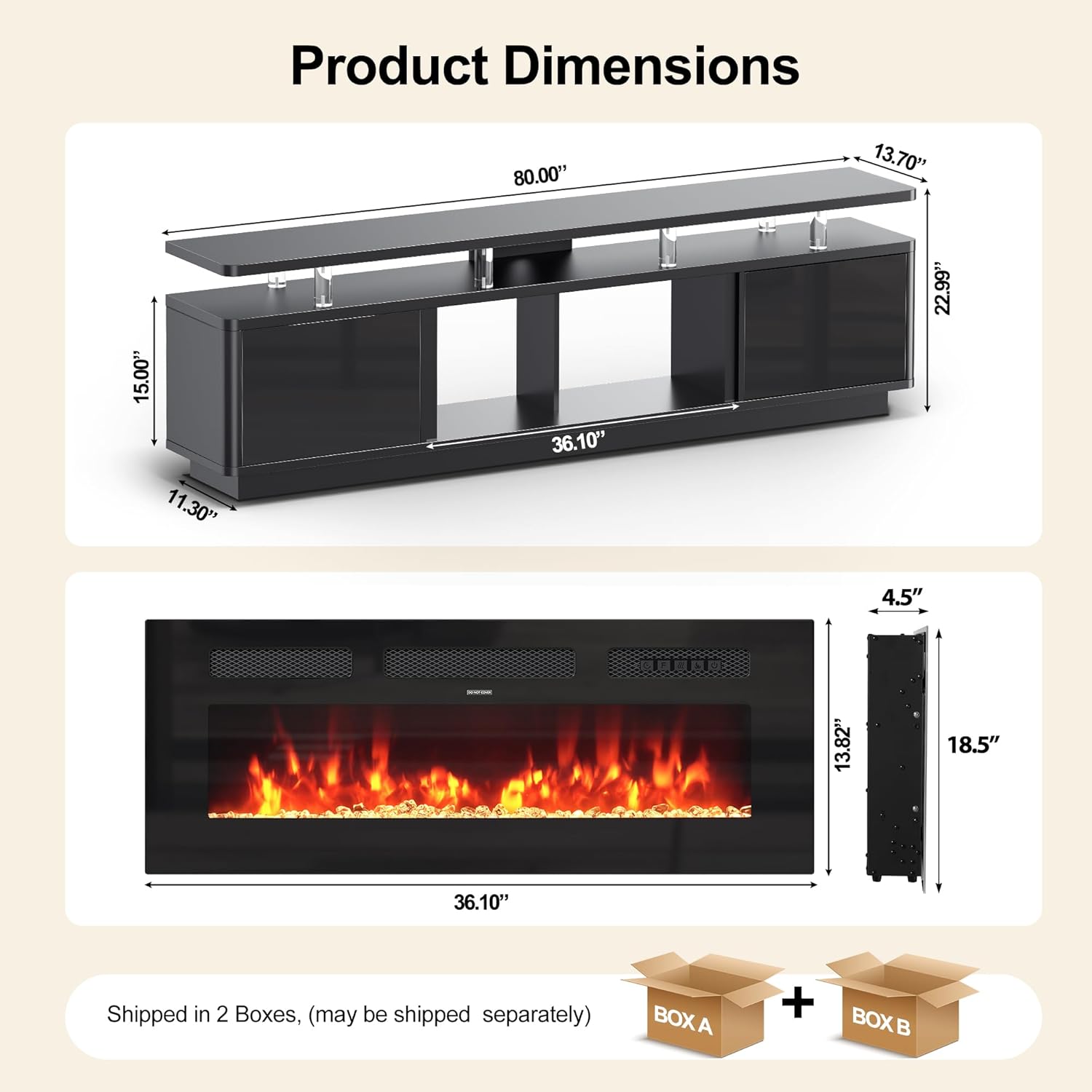 oneinmil 80 Fireplace TV Stand with Dual LED Lights, Fits Most TVs Up to 90, Electric Fireplace Entertainment Center with Storage Cabinets, Media Console for Living Room Office, Black