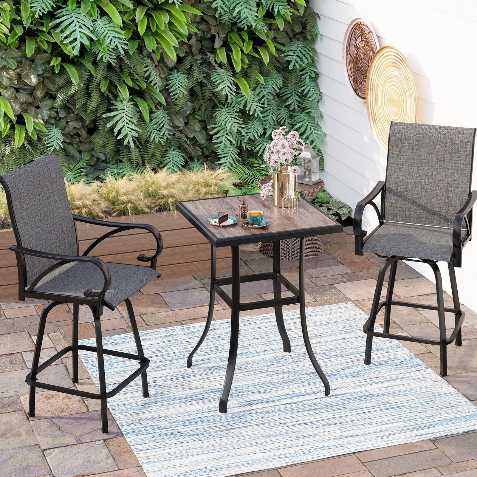 3/5-Piece Patio Bar Stool Set Wood-look Table & Grey Textilene Sling Fabric Swivel Bar Stools