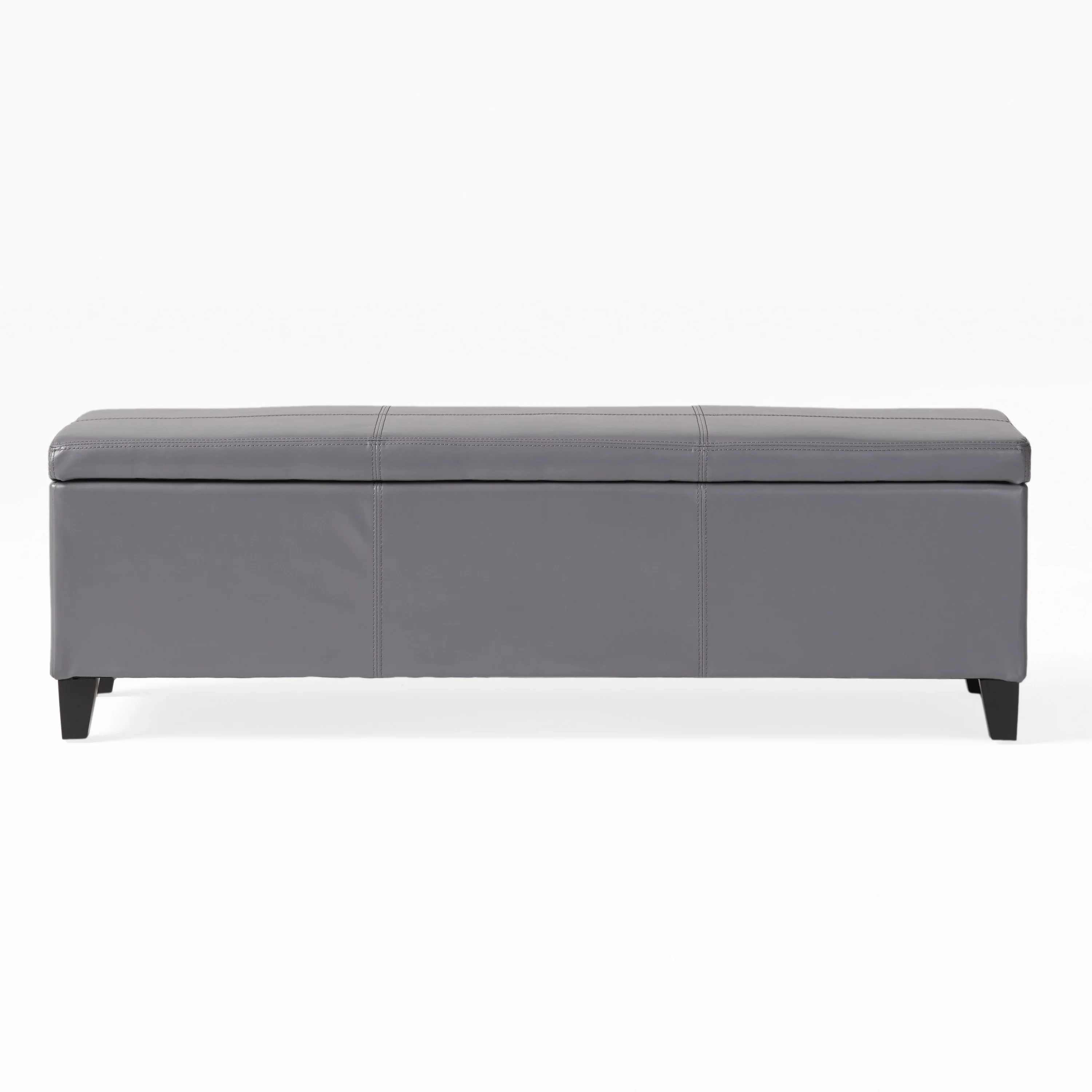 Elias Storage Ottoman Bench, Gray Faux Leather, Stitch Detail, 51 Inch