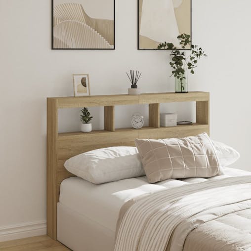 NNEVL Headboard Cabinet with LED Sonoma Oak 140x17x102 cm