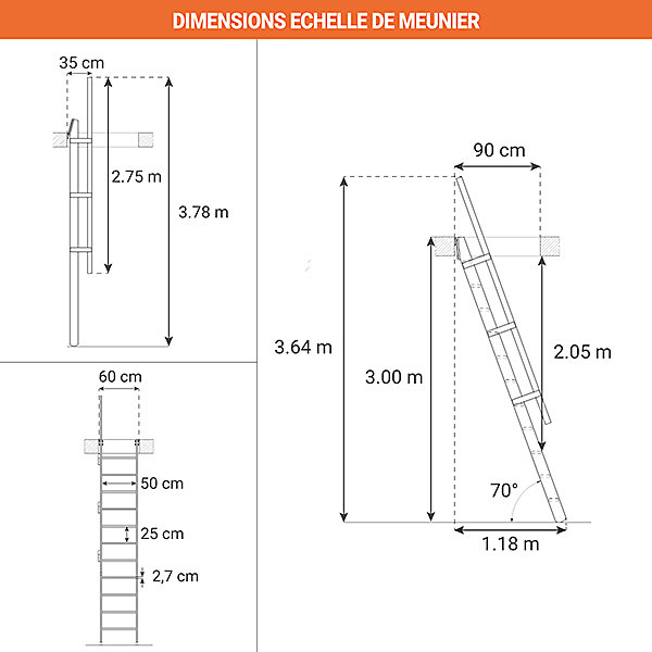 Echelle de meunier : 55cm de large - Couleur : Bois Naturel - 1 rampe - MSP/BN