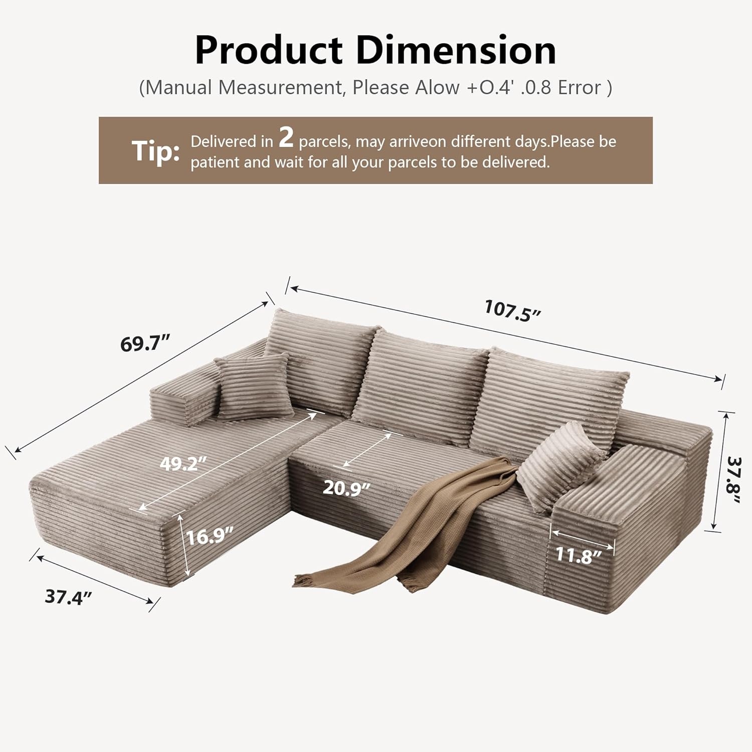 107.5 Cloud Sectional Couch with L-Shape Chaise, Modern Cloud Couch with Deep Seat, Modular Sectional Couches for Living Room, Apartment, Office, No Assembly Required