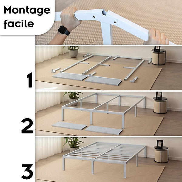 Cadre De Lit En Acier Avec Espace De Rangement - Montage Facile - 160x200 Cm Blanc