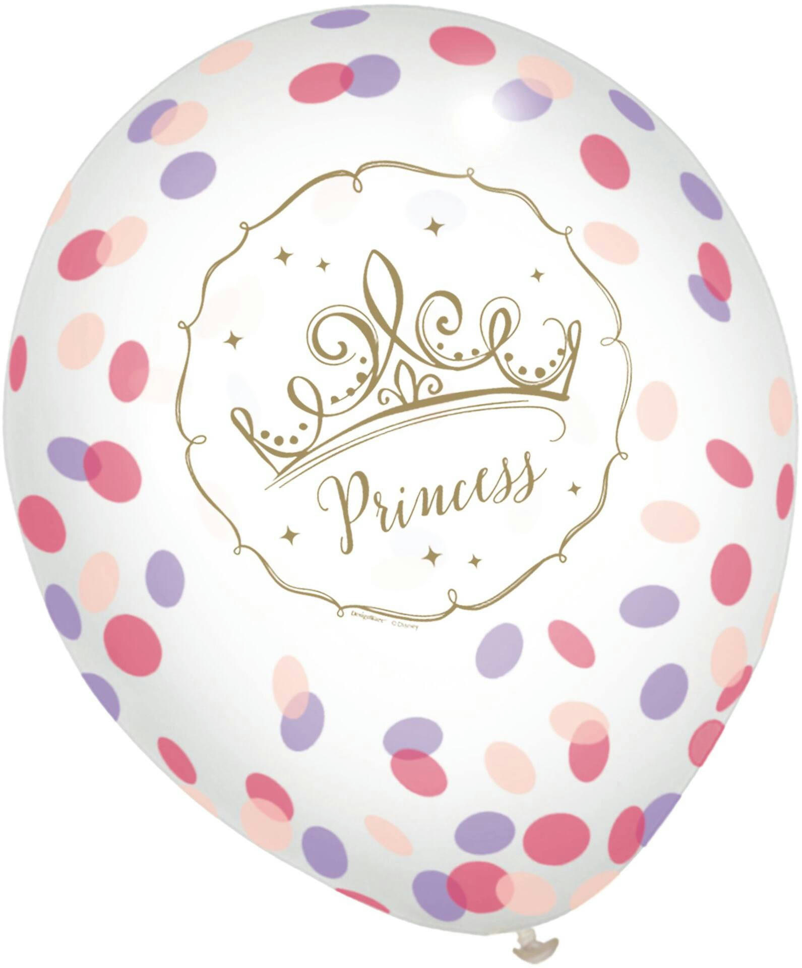 Disney Princess Once Upon A Time Round Transparent Confetti Latex Balloons, Purple/Pink/Gold, 12-in, 6-pk, for Birthday Party