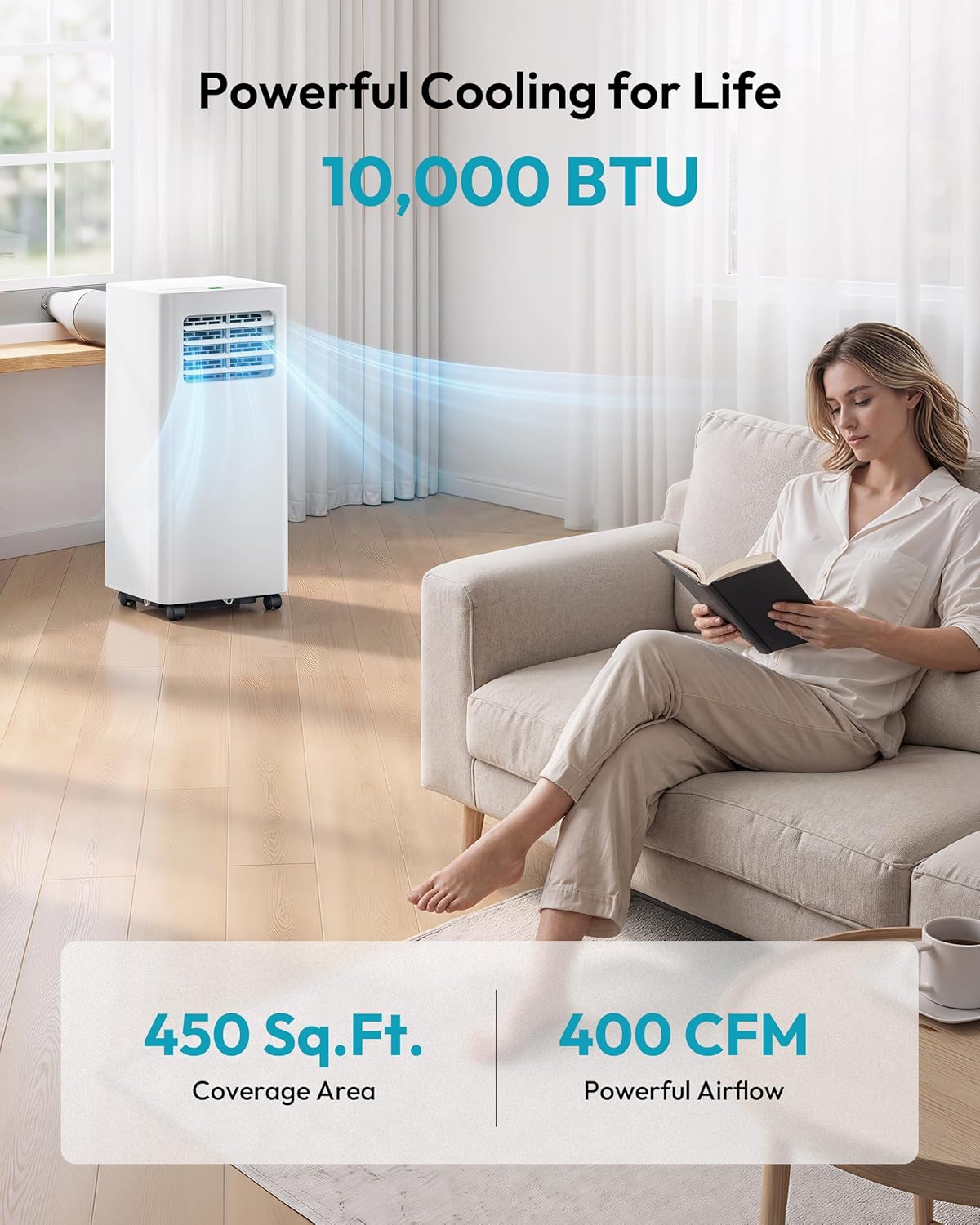 EUHOMY Portable Air Conditioners 10,000 BTU, 4-in-1 Air Conditioner Portable Up to 450 Sq.Ft. with Cool, Fan, Dehumidifier, Sleep, Portable AC Unit with LED Remote & 24H Timer, Installation Kits