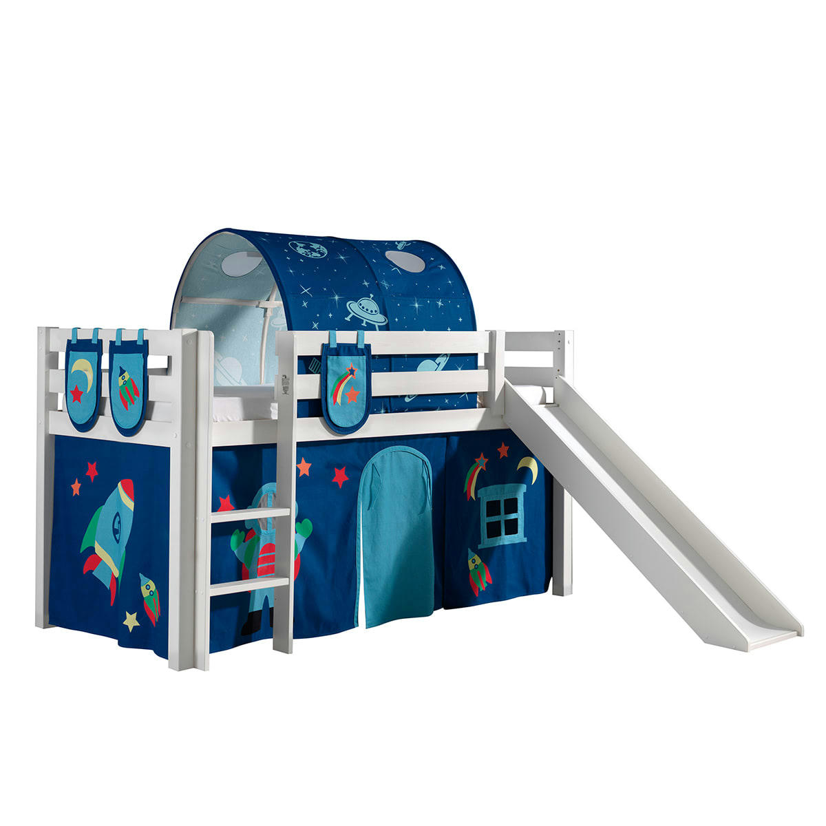 PINO - Lit mi-hauteur 90x200 toboggan sommier inclus housse astro blanc noir