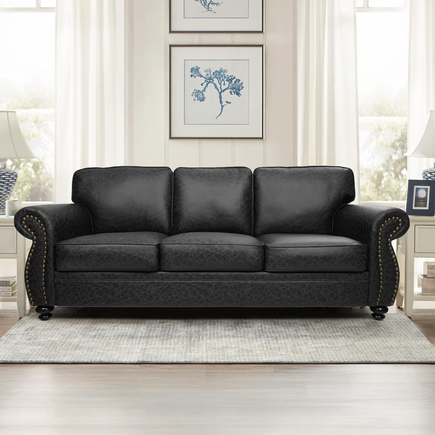 Mid-Century Vintage Sofa Couches with Rivet Design,3-Seater Sofa,Removable Sofa Cover Upholstered Cushions and Solid Wood Frame (Grey, 3-Seater)