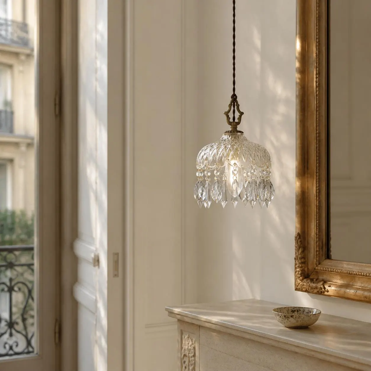 French Crystal Pendant Light, Antique Brass Hanging Lamp, Clear or Amber Mini Chandelier for Entryway and Bedside