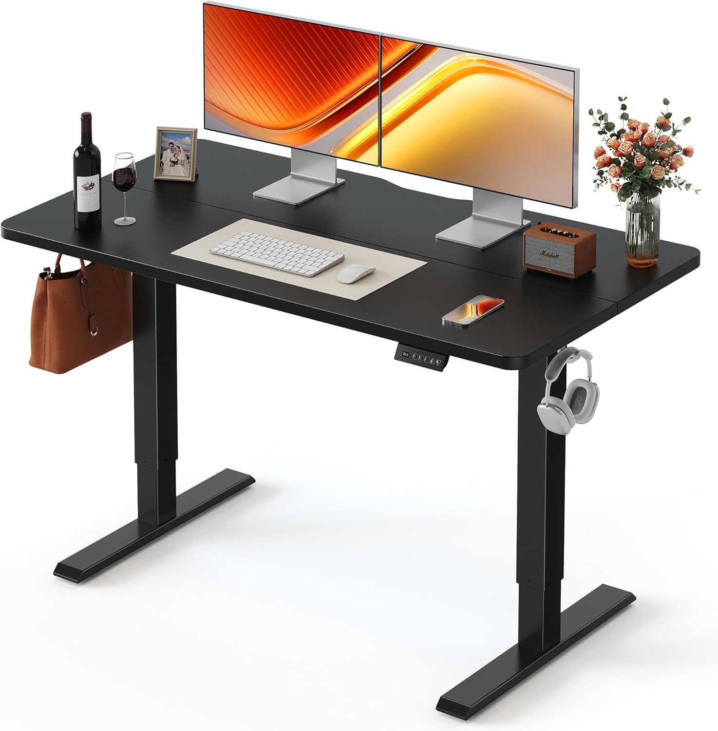 FEZIBO 48 x 24 Inchs Electric Standing Desk, Height Adjustable, Sit Stand Up, Computer Office Desk with Splice Board, Black Frame/Black Top