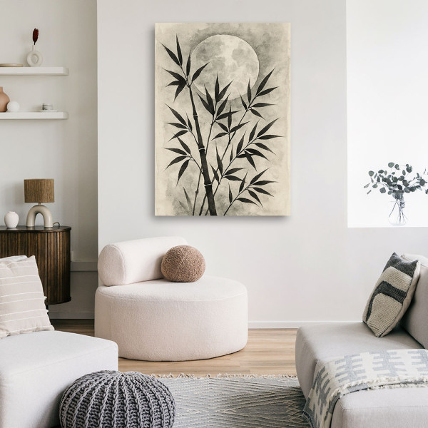 Feeby Obraz do salonu sypialni, Bambus Księżyc Akwarela Sepia Natura 40x60