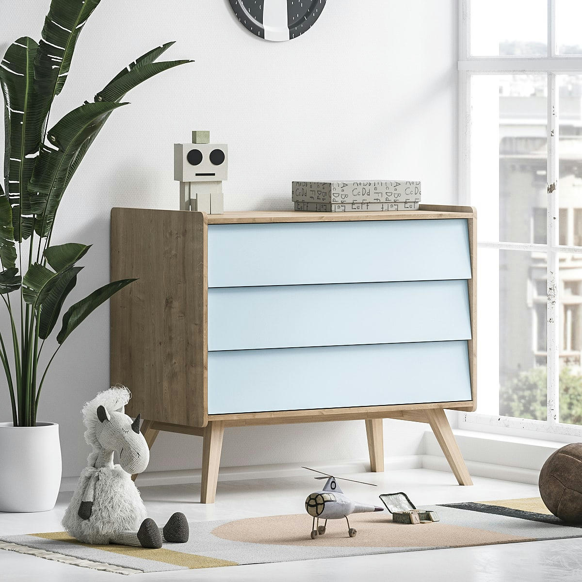 VINTAGE - Commode à langer naturel bleu