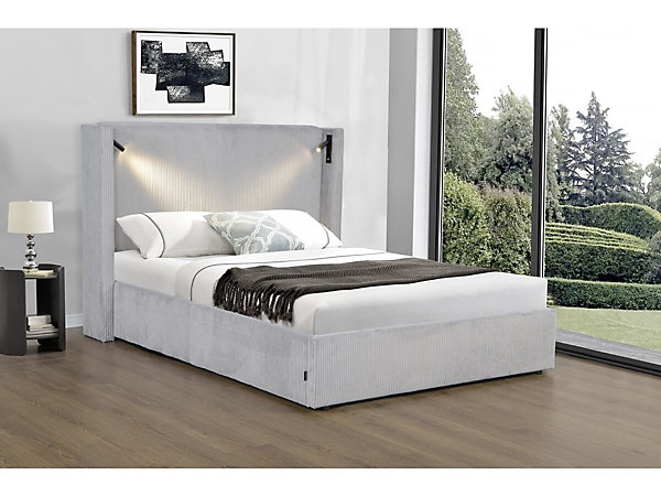 Lit double en velours côtelé avec coffre et lampe intégré 