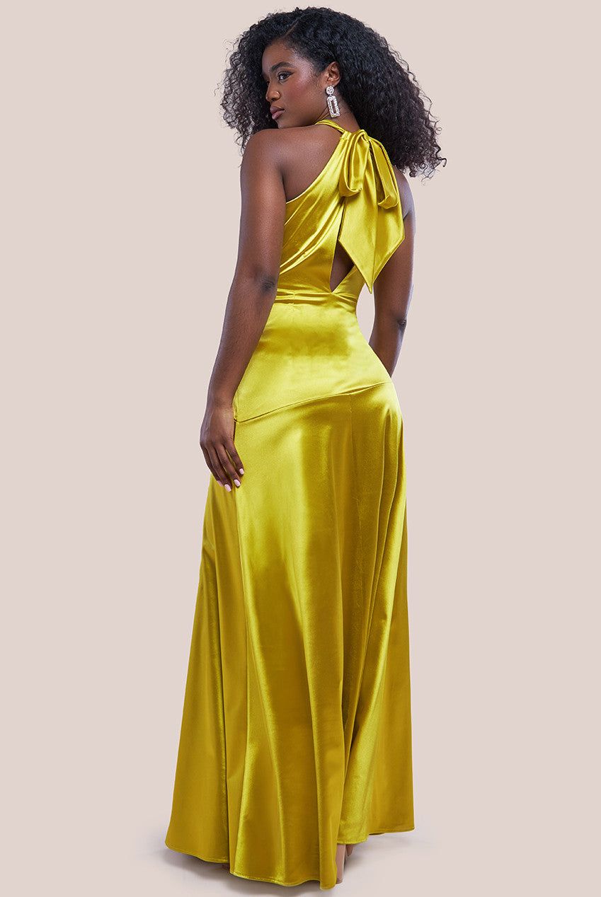 Goddiva Halter Neck Front Split Satin Maxi Dress