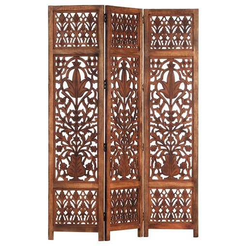 NNEVL Hand Carved 3-Panel Room Divider Brown 120x165 cm Solid Mango Wood