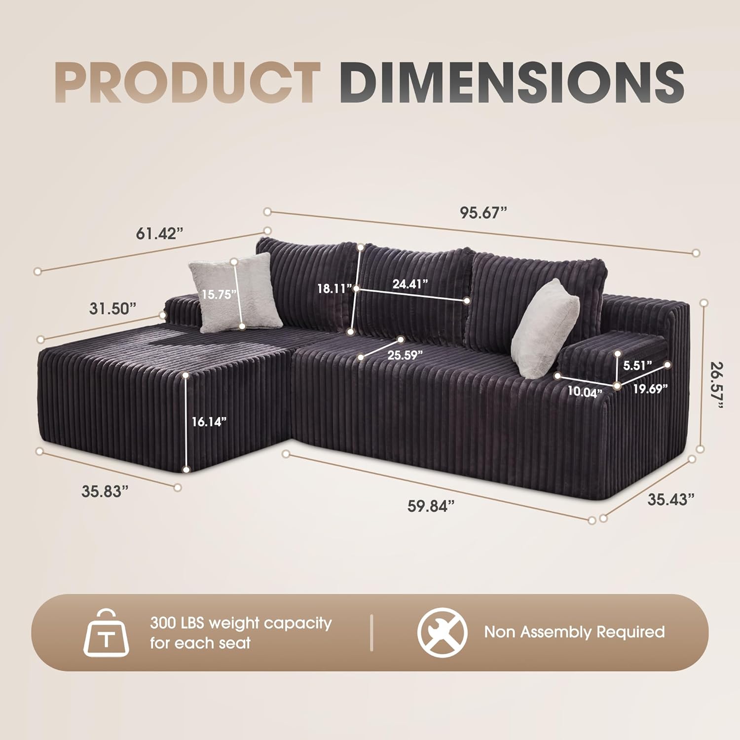 Modular Sectional Sofa Couches L-Shape Couch 3 Seat Modular Sofa Memory Foam Sectional Couches for Living Room, Cloud Couch with Oversized Chaise (Grey Stripe, 96 Left Facing Chaise)