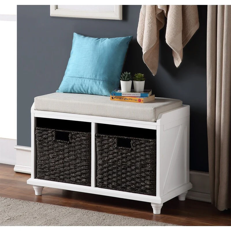 Small shoe storage stool, white entrance stool with 2 classic rattan baskets and removable cushions, no assembly required