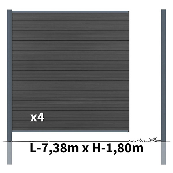Kit Clôture Bois Composite Ardoise 7,5x1,8m SANTOS - Poteaux en Aluminium Gris - Brise Vue - Palissade