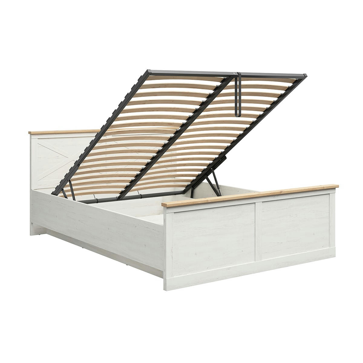 - Lit coffre 160x200 sommier inclus stratifiés blanc et naturel