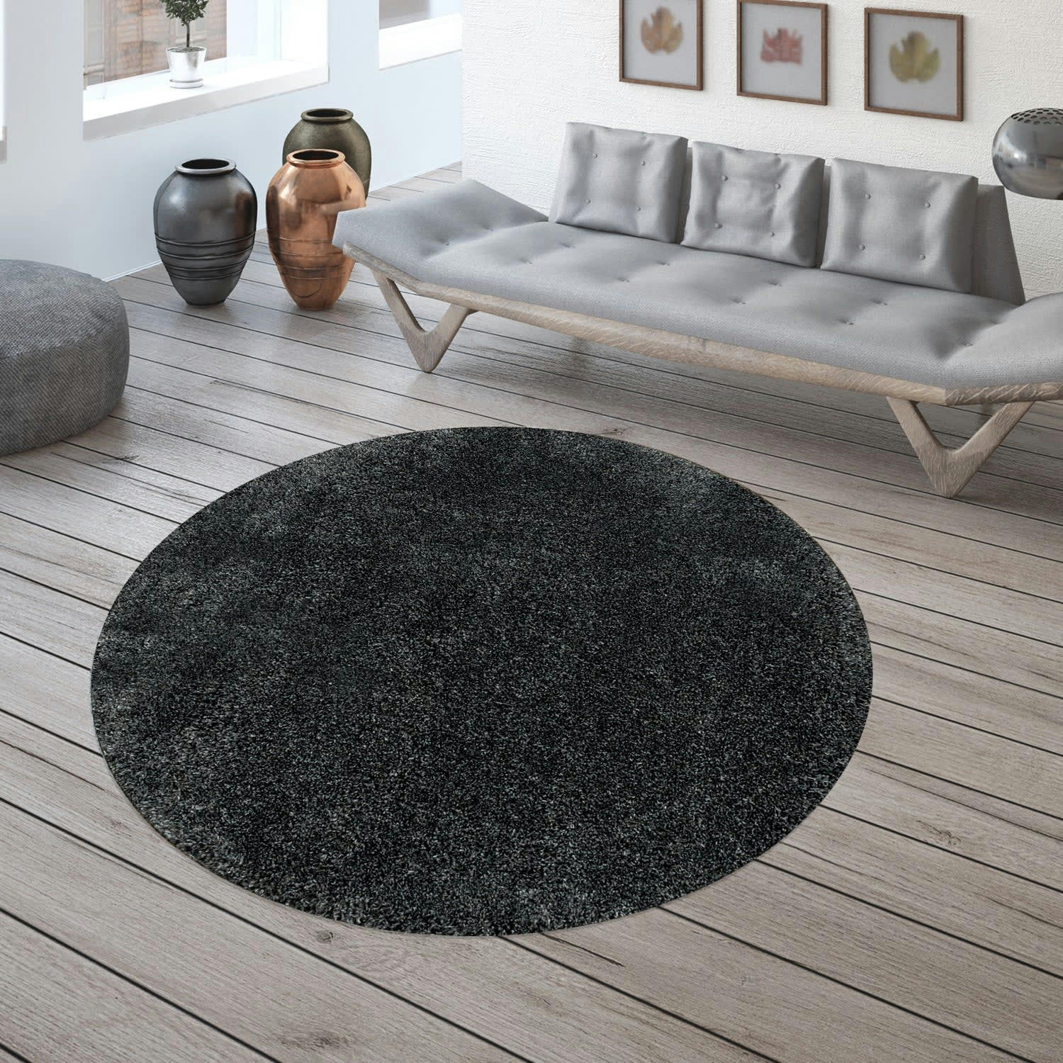 MOELLEUX - Tapis cosy rond à poils longs anthracite 200x200cm