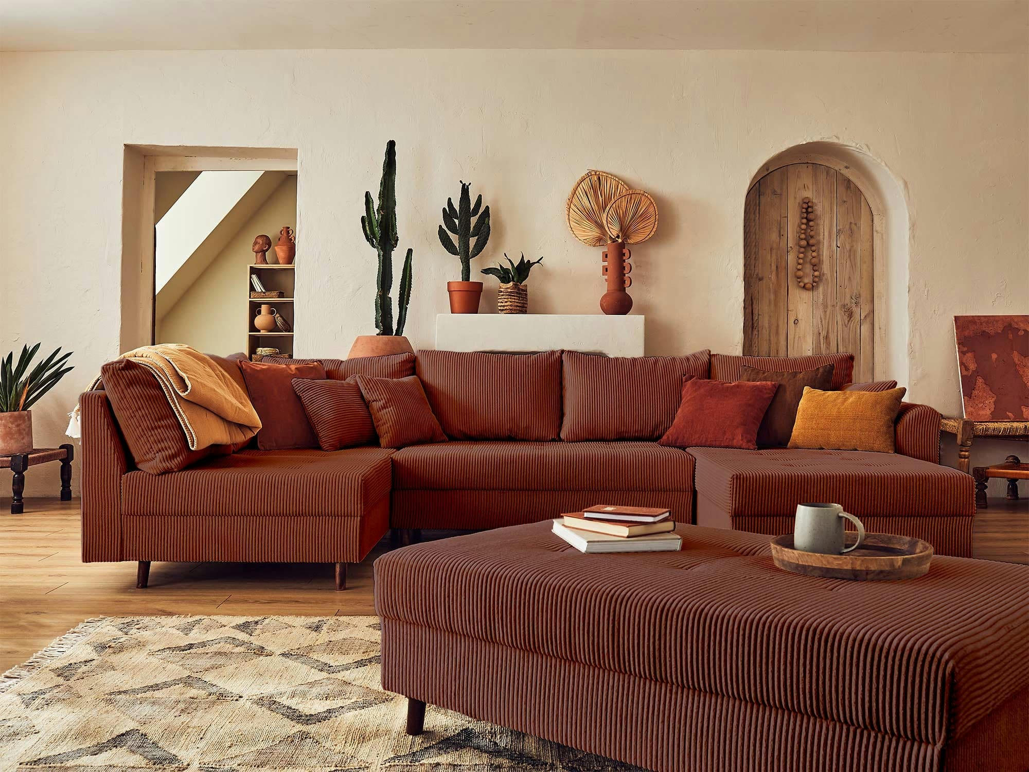 RUNE - Canapé d'angle gauche convertible 7 places en velours côtelé