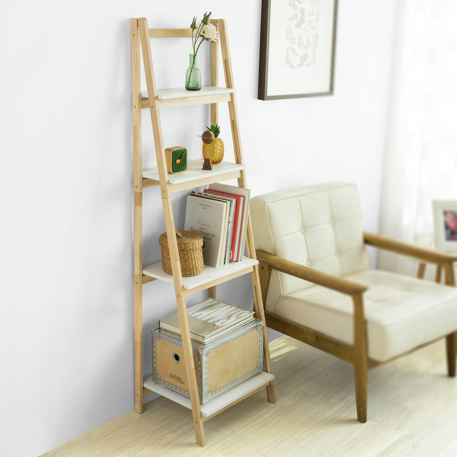 - Étagère pliable style échelle avec 4 niveaux de rangement effet bois
