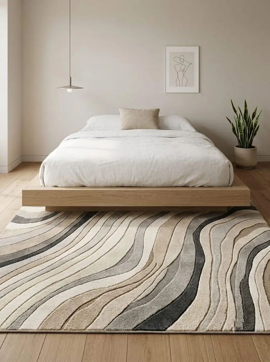 Modern Abstract Wool Rug, Hand Tufted Wave Pattern Area Rug, Beige Ivory Gray Carpet, Minimalist Living Room Decor