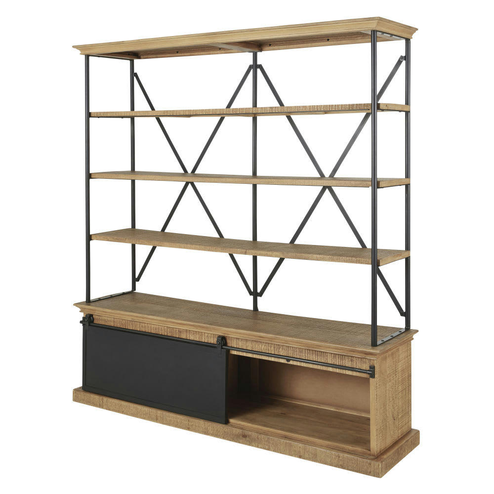 Germain - Meuble TV industriel 1 porte coulissante 2 tiroirs bicolore