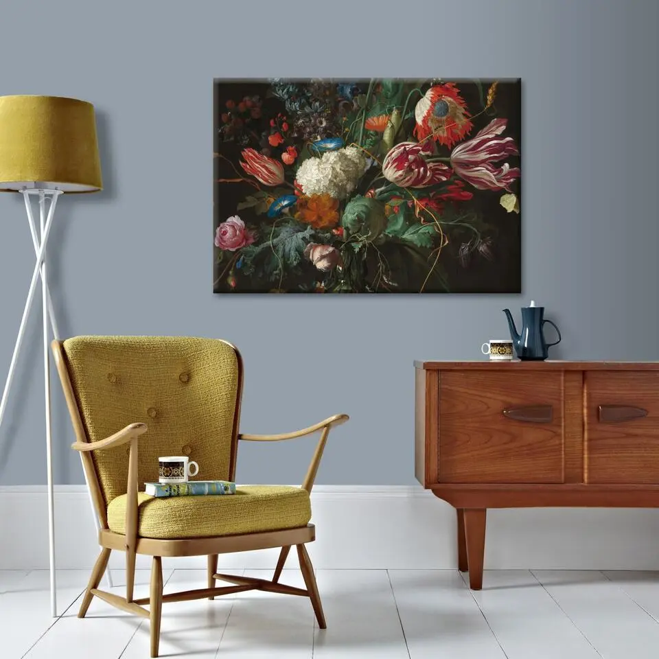 Art for the Home - Canvas - Bloemen in een Glazen Vaas - 100x70 cm