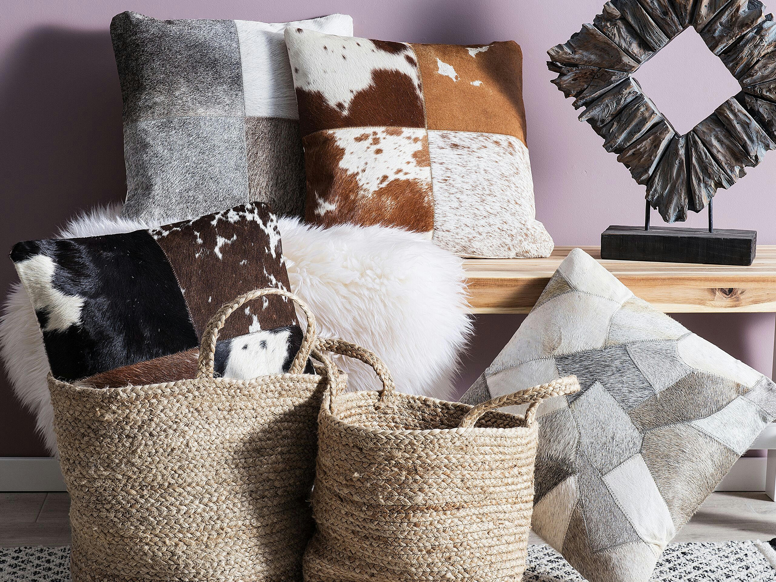 NELLAD - Coussin décoratif en cuir véritable gris 45x10cm