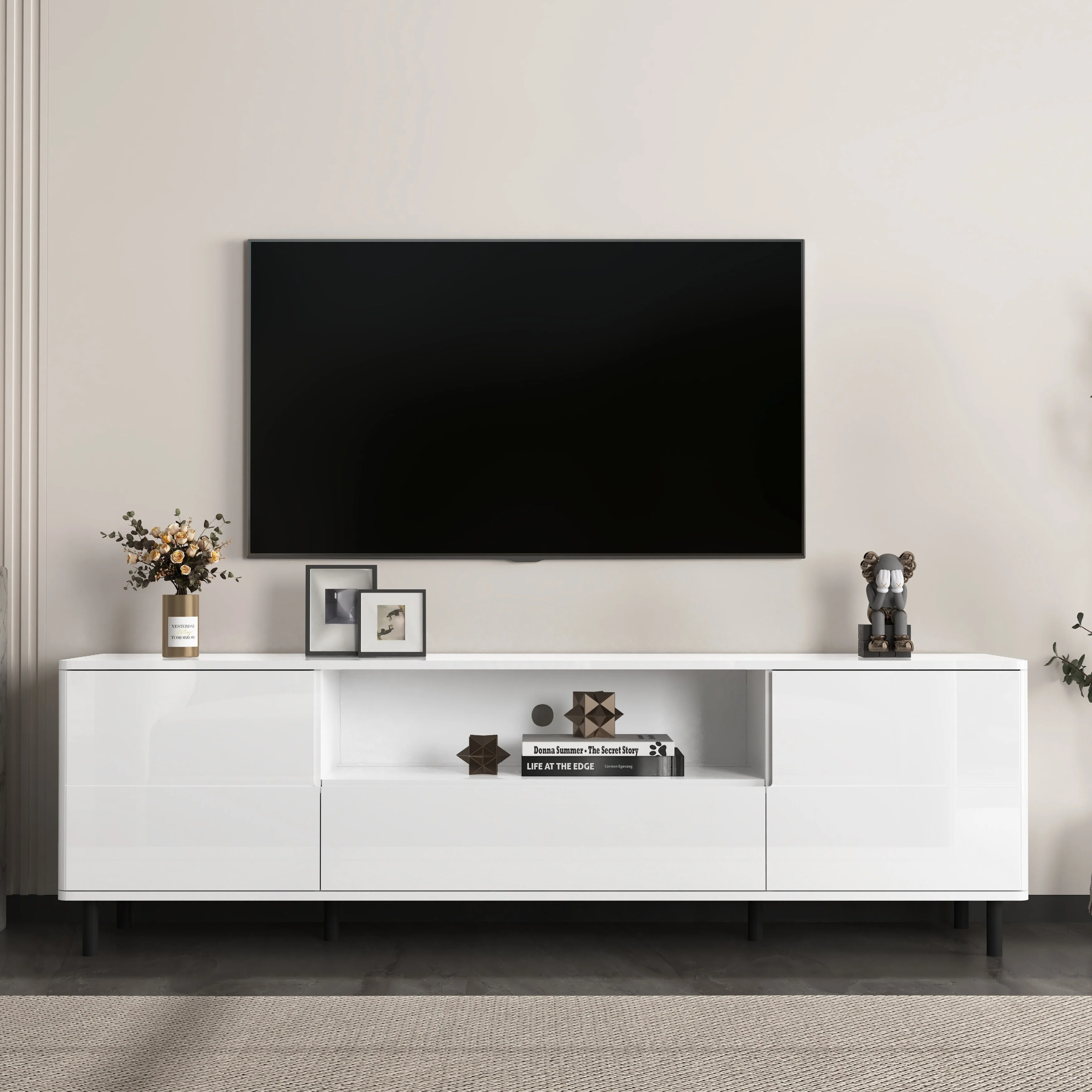 Modern High Gloss TV Console with Storage Shelves ,Versatile Entertainment Center