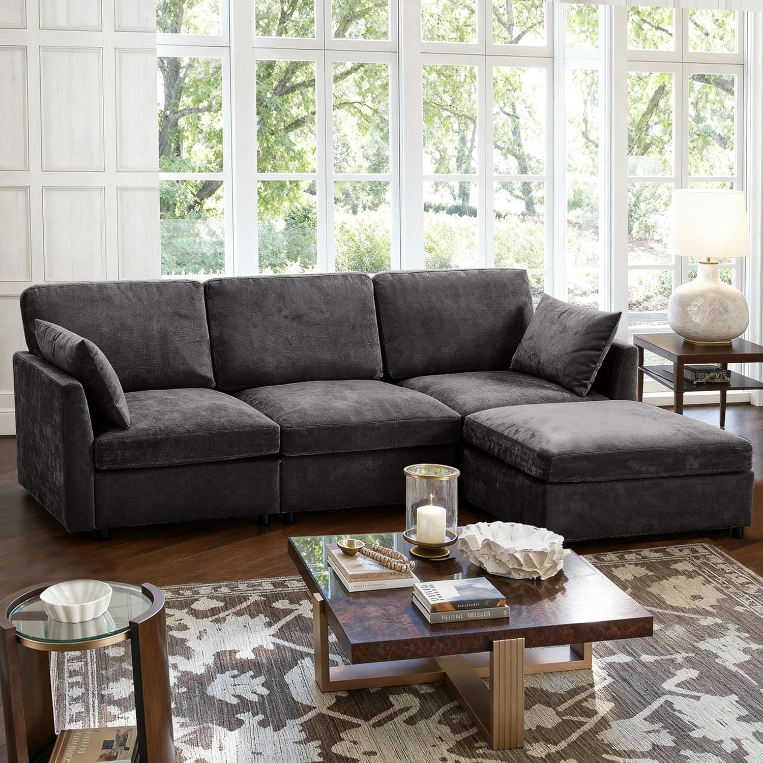 Sectional Cloud Couch for Living Room, Spring Cushion Seating, L Shaped Convertible Modular Sofa with Ottoman, Black | Movable, Balanced Comfort, Soft-Strong Chenille, Apartment-Friendly