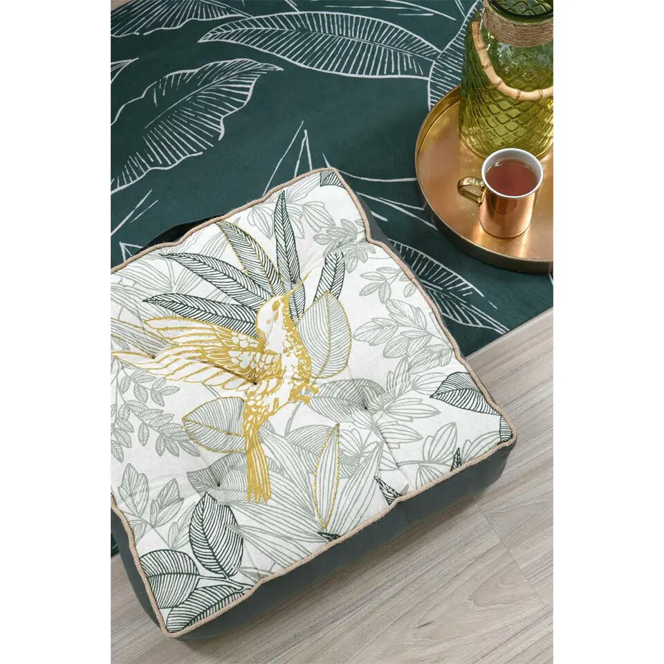 Stof Textile Vloerkussen Leaves - groen/wit - 45 x 45 x 10 cm